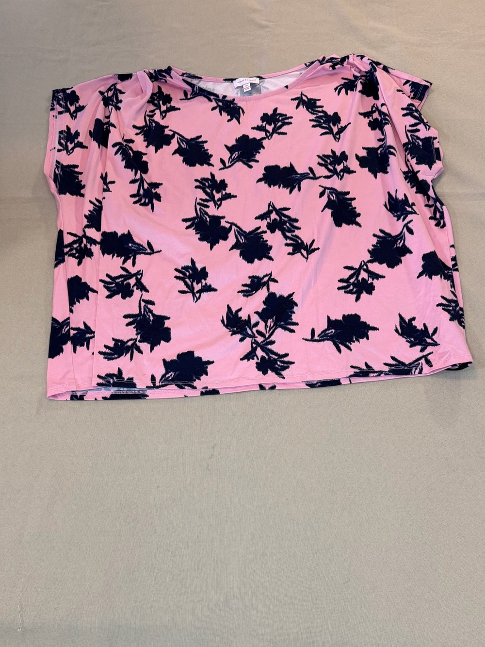 Pink Floral Short Sleeve Tee with Navy Print